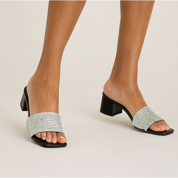 Marc Fisher Shoes - Marc Fisher Black and Silver Rhinstone Slide Heels Size 9.5